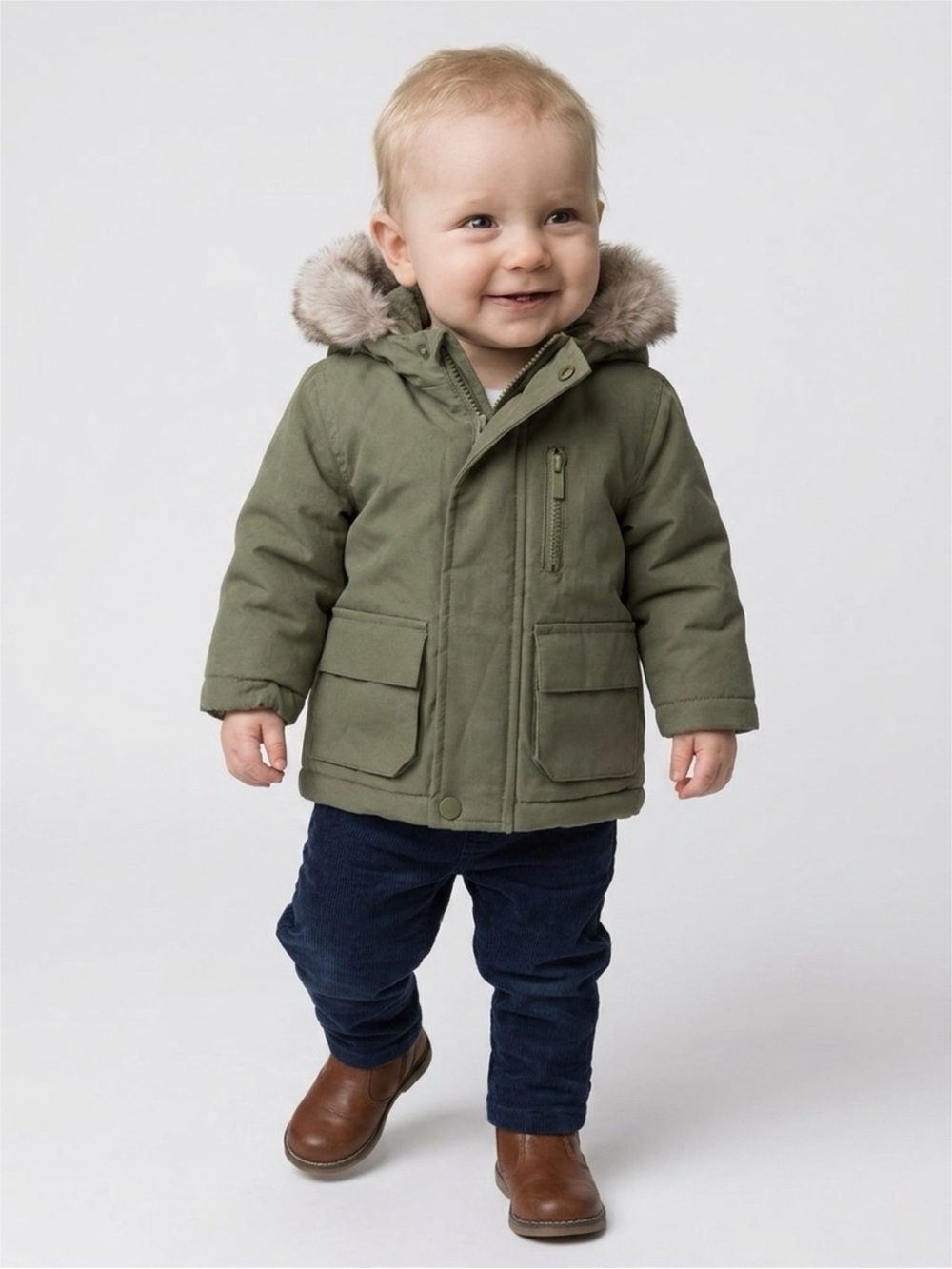 Primark Olive Green Baby Parka with Faux Fur Hood